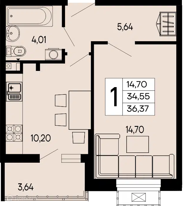 Планировка: 1-комн. квартира 36.37 м² в новостройке ЖК Эпос