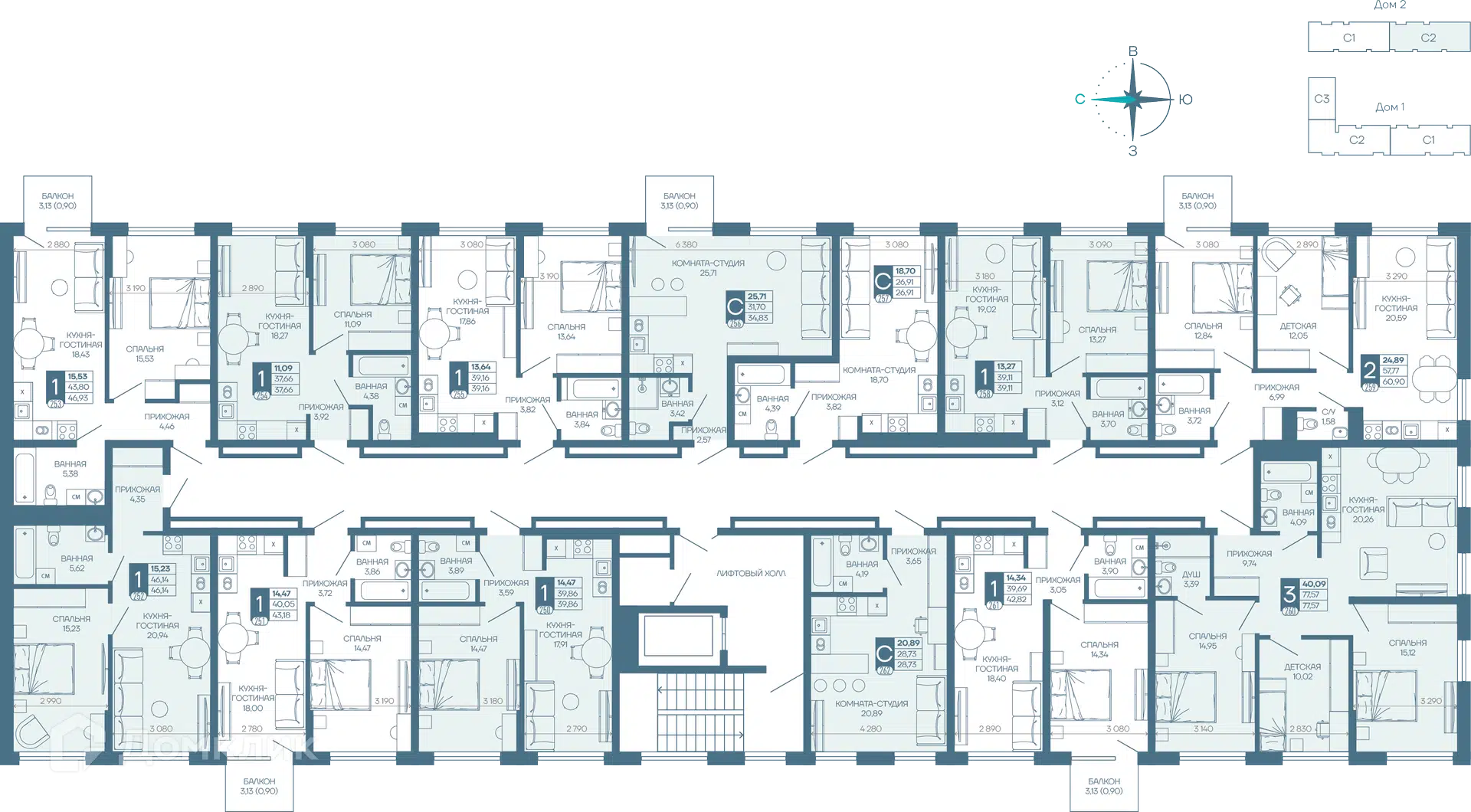 Планировка: 1-комн. квартира 39.72 м² в новостройке Иначе в Молодежном