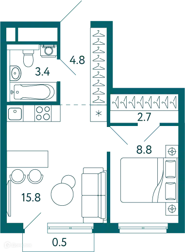 Планировка: 1-комн. квартира 36.00 м² в новостройке Садовые кварталы