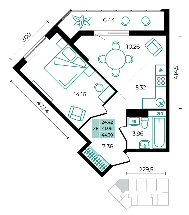 Планировка: 2-комн. квартира 44.30 м² в новостройке Курортный Регион