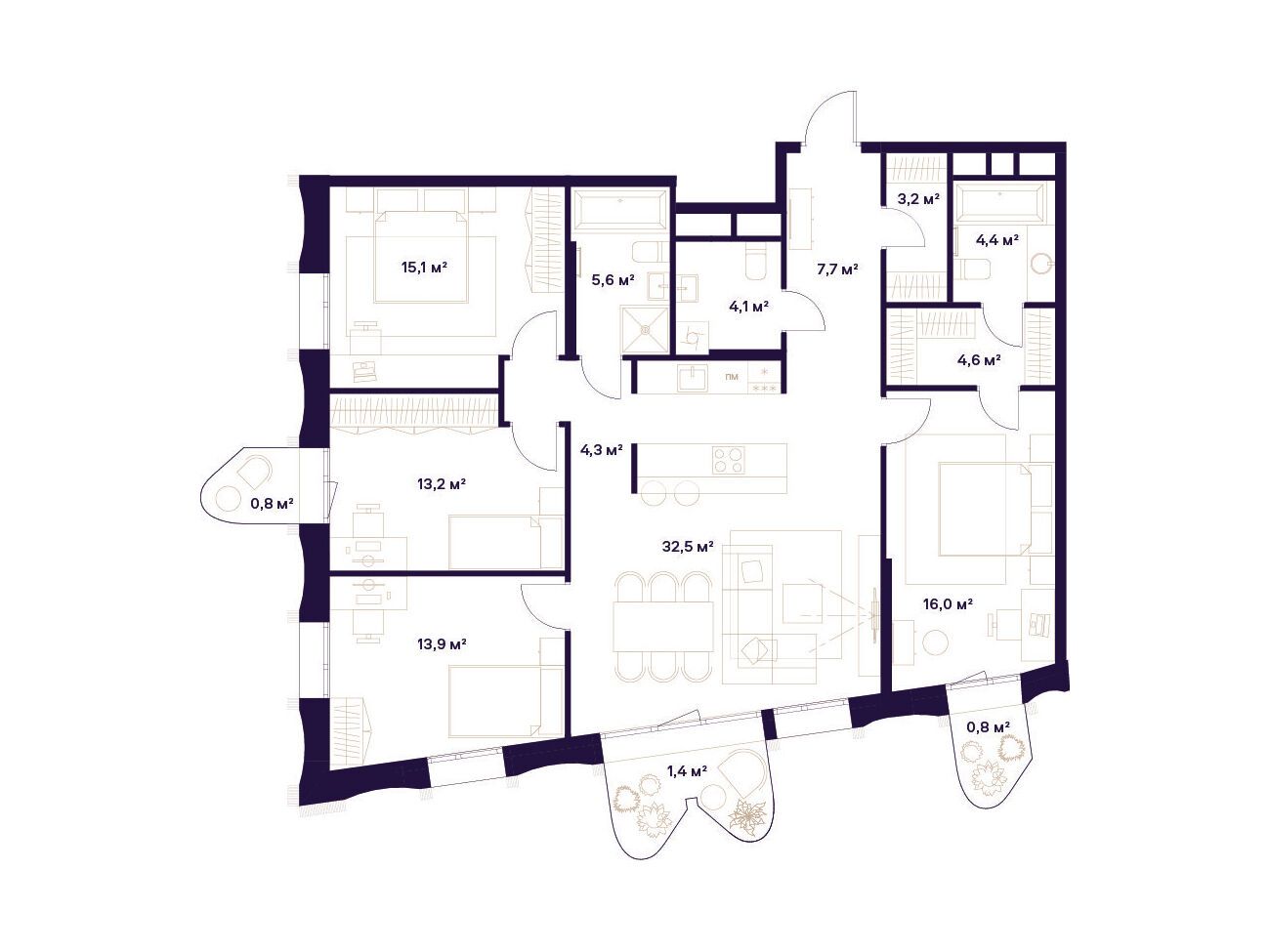 Планировка: 4-комн. квартира 127.60 м² в новостройке Союз