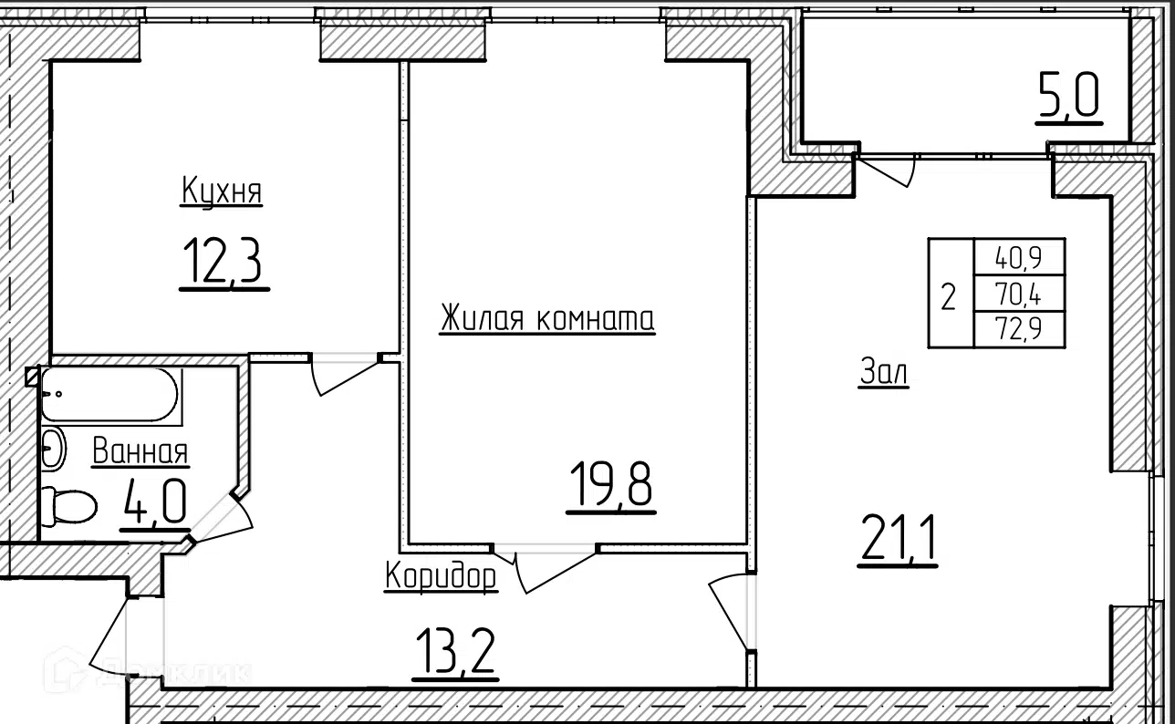 Планировка: 2-комн. квартира 72.90 м² в новостройке Фестивальный