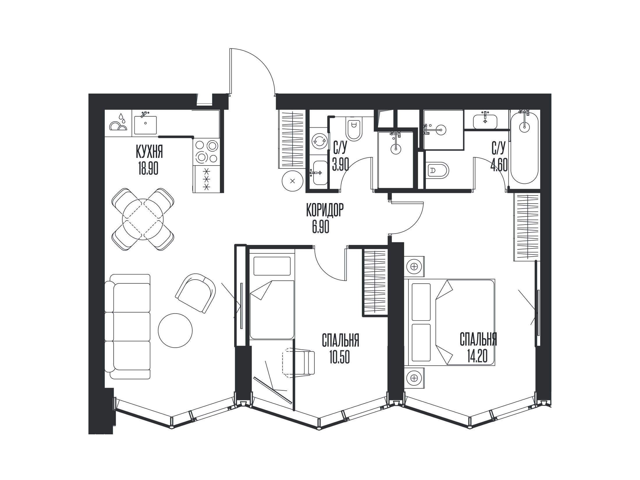 Планировка: 2-комн. квартира 59.00 м² в новостройке ЖК Айс Тауэрс