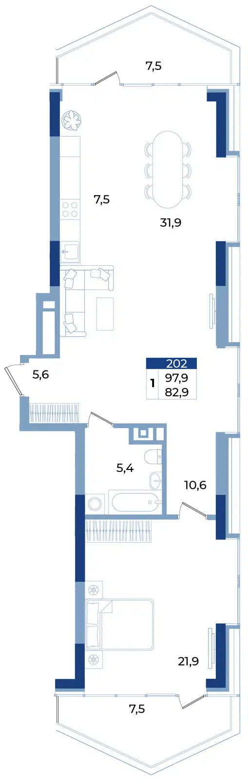 Планировка: 1-комн. квартира 97.90 м² в новостройке Комплекс апартаментов Эфириум
