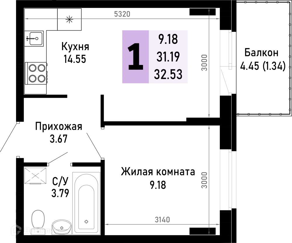 Планировка: 1-комн. квартира 32.53 м² в новостройке Усадьба Гостагаевская