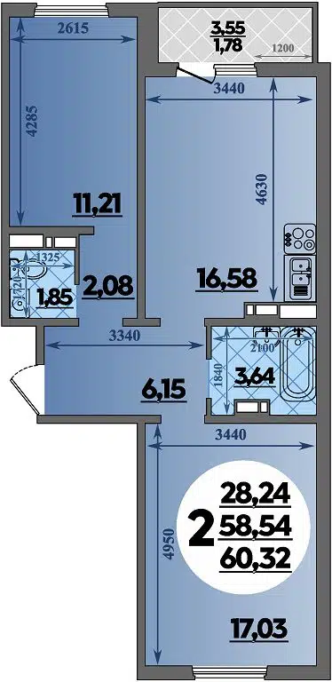 Планировка: 2-комн. квартира 60.32 м² в новостройке Южная долина
