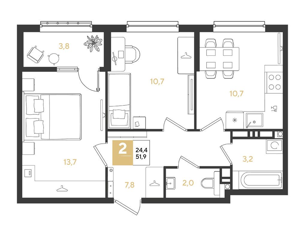Планировка: 2-комн. квартира 51.90 м² в новостройке Ридз