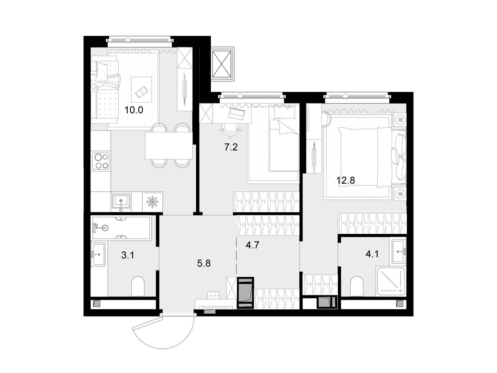 Планировка: 2-комн. квартира 51.90 м² в новостройке Малевич