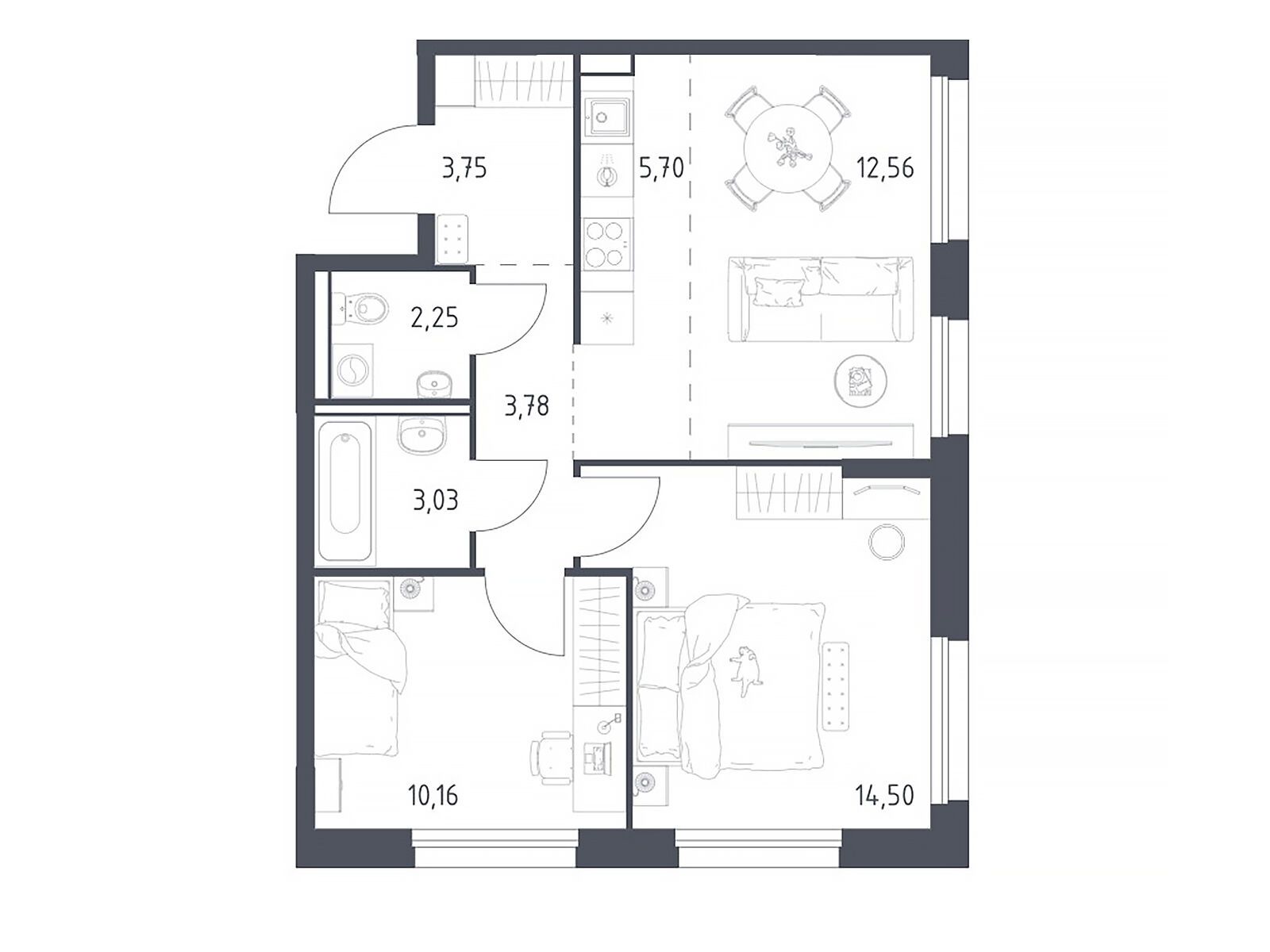 Планировка: 2-комн. квартира 55.73 м² в новостройке Прибрежный Парк