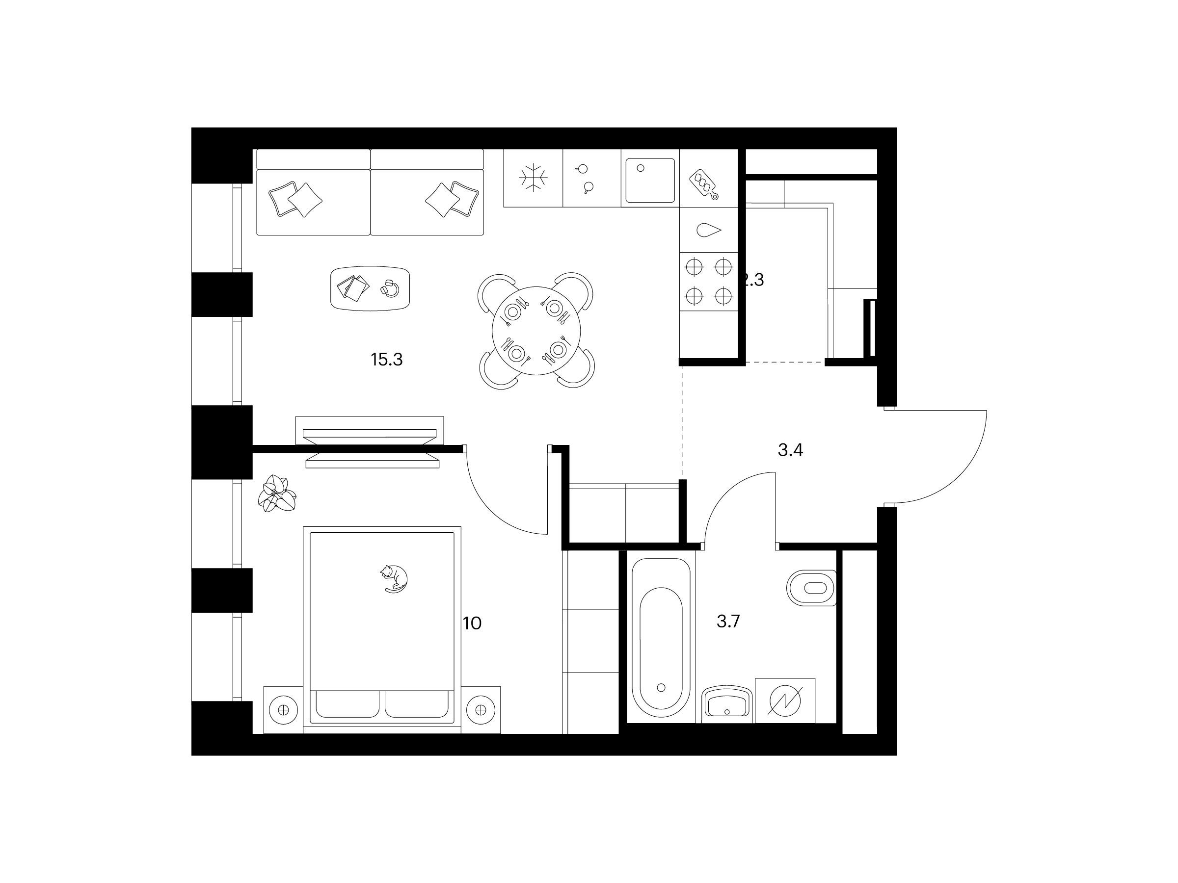Планировка: 1-комн. квартира 34.70 м² в новостройке Строгино 360
