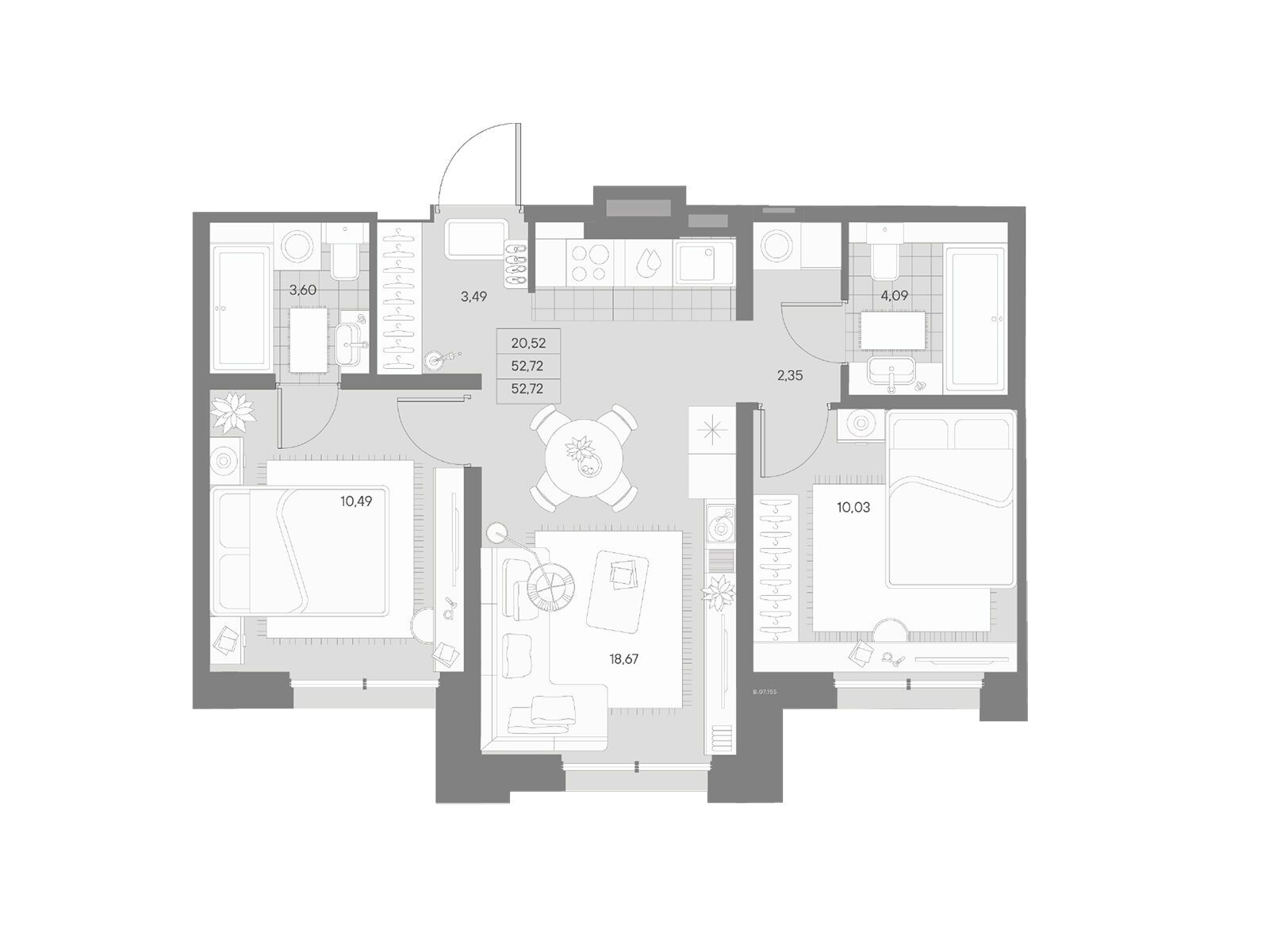 Планировка: 2-комн. квартира 52.72 м² в новостройке Альпен