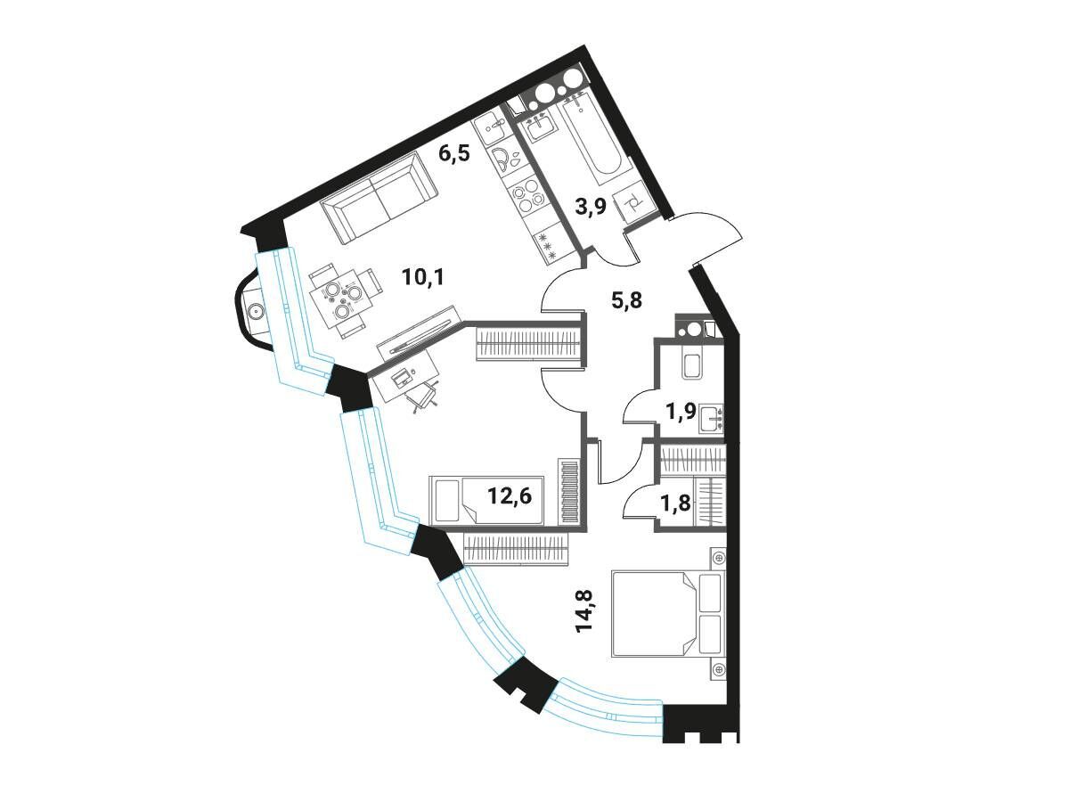 Планировка: 3-комн. квартира 57.40 м² в новостройке ЖК Интеллигент