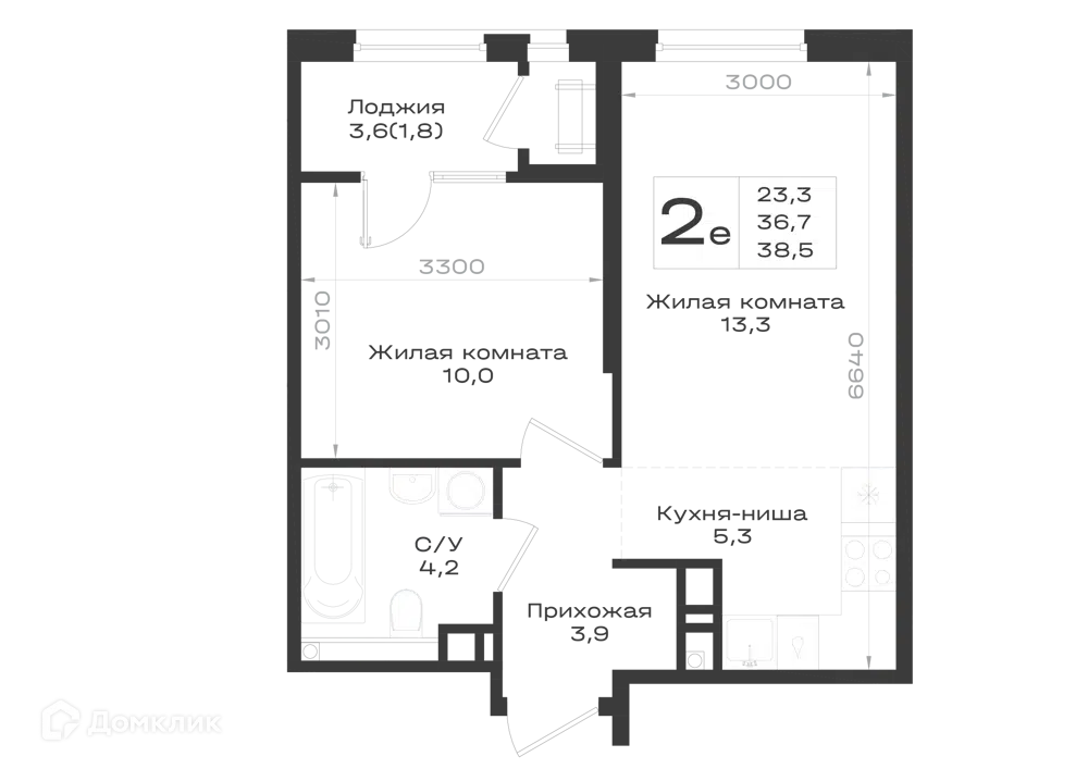 Планировка: 2-комн. квартира 38.50 м² в новостройке Нагория