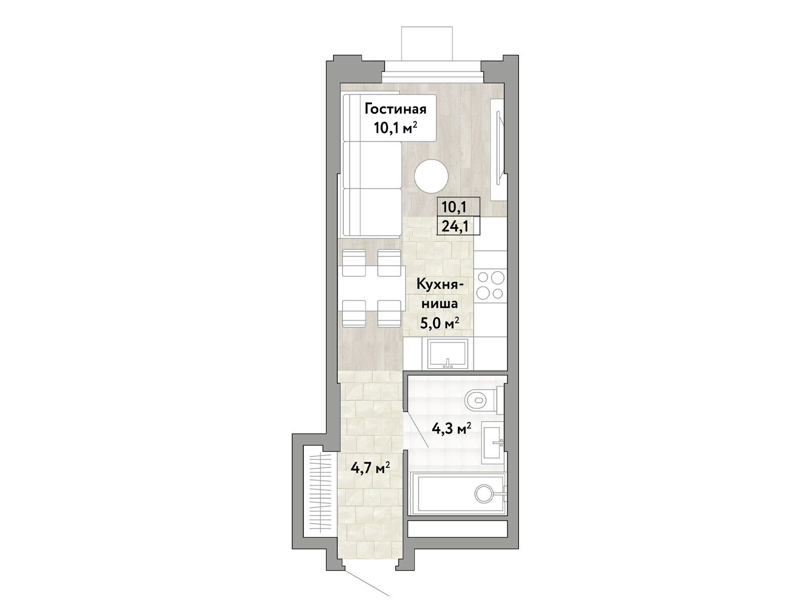 Планировка: Студия 24.10 м² в новостройке Новые смыслы