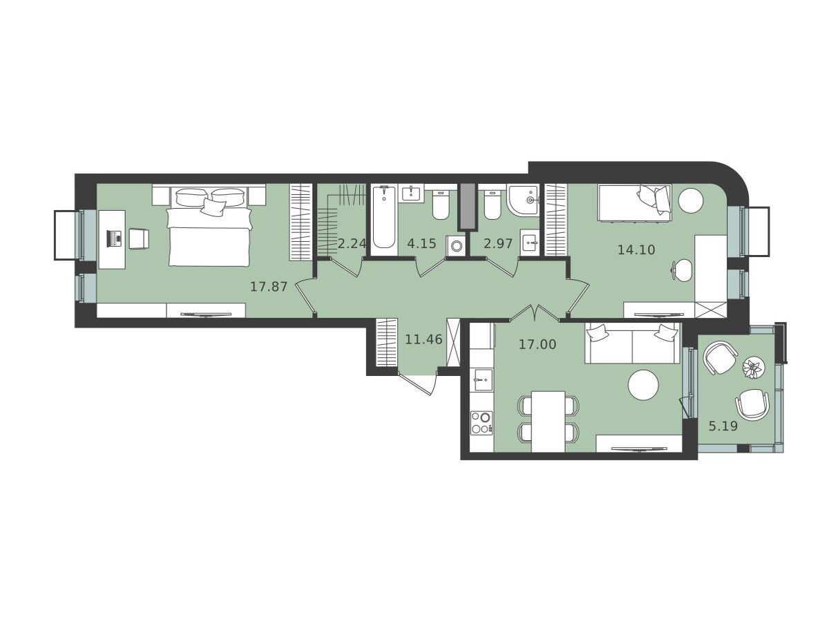 Планировка: 2-комн. квартира 72.39 м² в новостройке Мишино-2