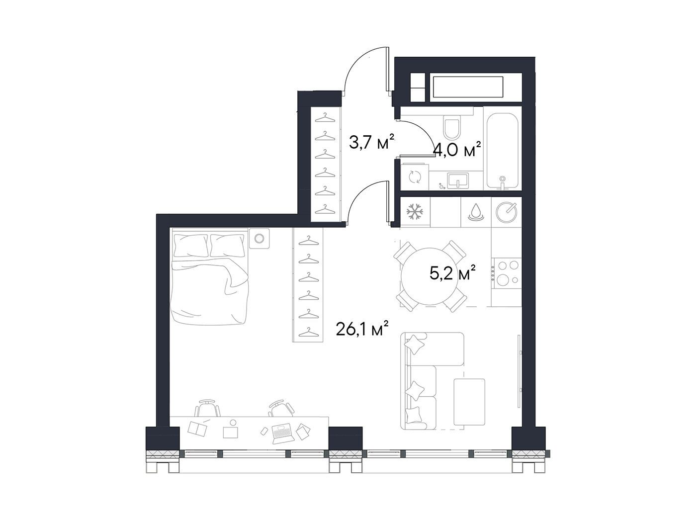 Планировка: Студия 39.00 м² в новостройке Первый Нагатинский