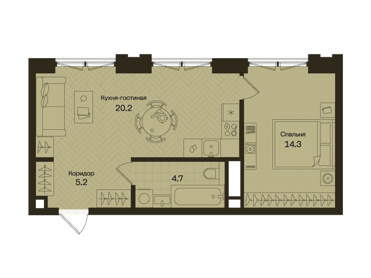 Планировка: 1-комн. квартира 44.40 м² в новостройке Дом на Часовой