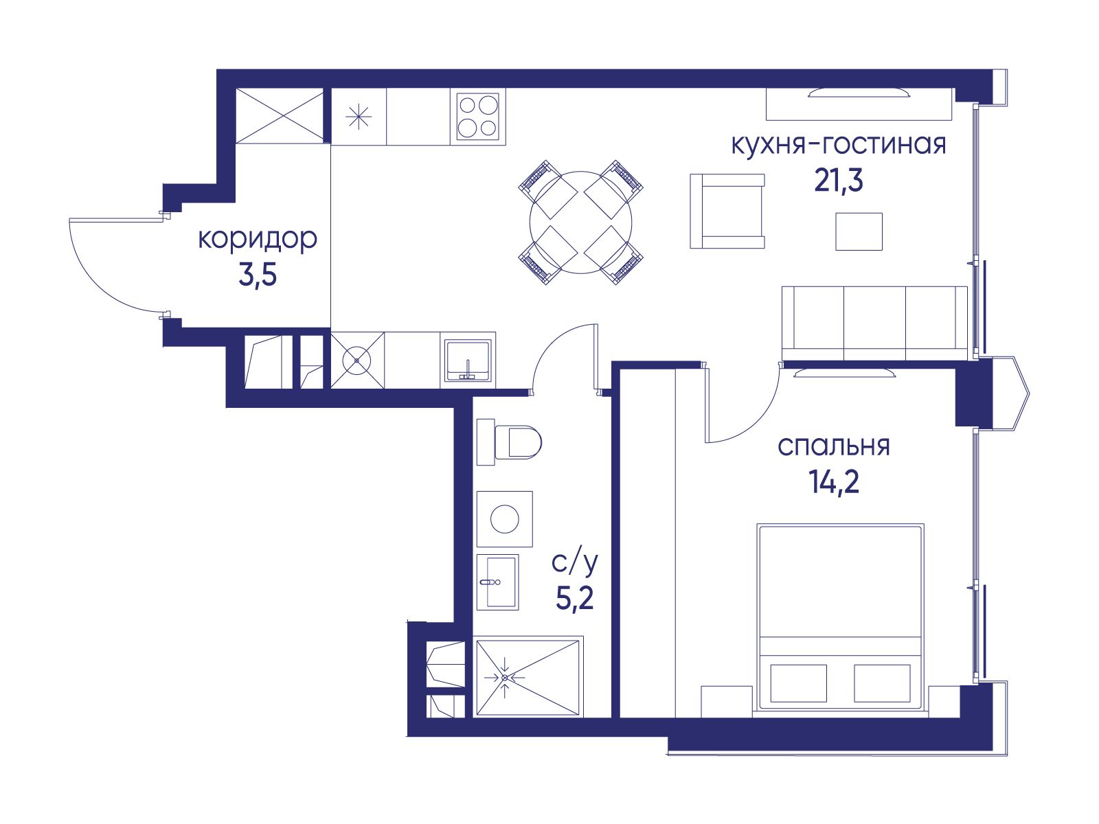 Планировка: 1-комн. квартира 44.10 м² в новостройке Остров