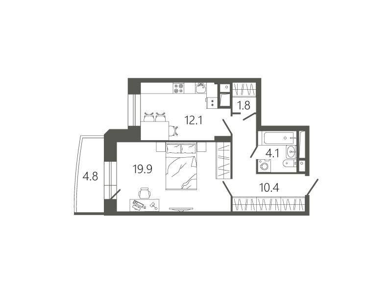 Планировка: 1-комн. квартира 49.70 м² в новостройке Мессиер 18