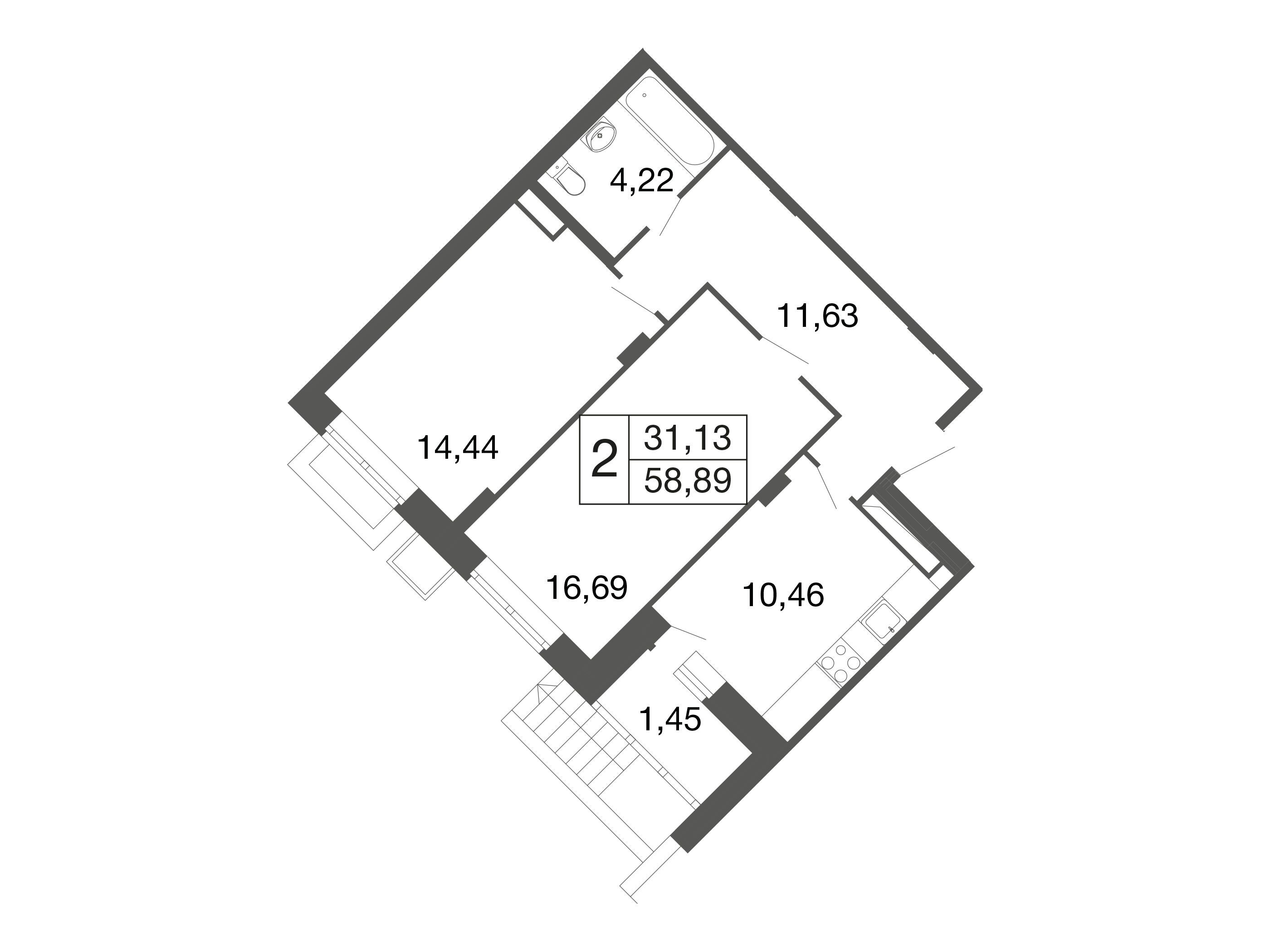 Планировка: 2-комн. квартира 58.90 м² в новостройке ЖК Времена года (Апрелевка)