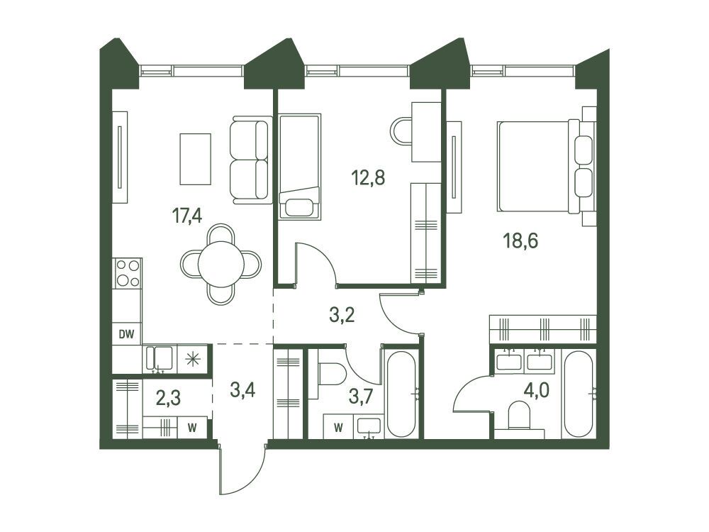 Планировка: 2-комн. квартира 65.40 м² в новостройке ЖК Моментс