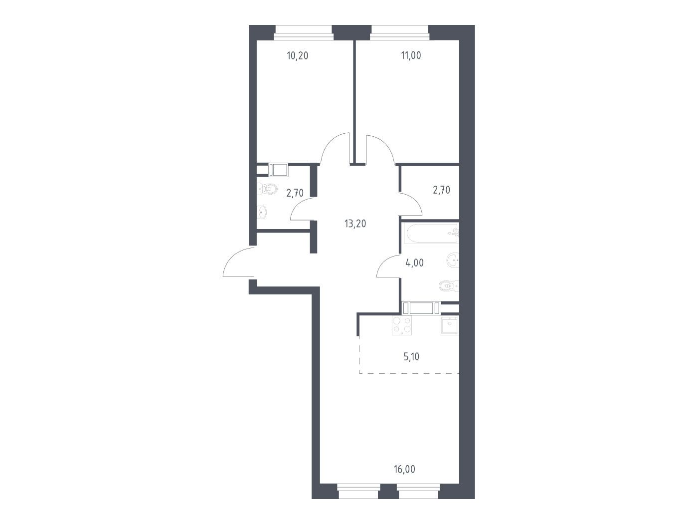 Планировка: 2-комн. квартира 64.90 м² в новостройке Эко Бунино