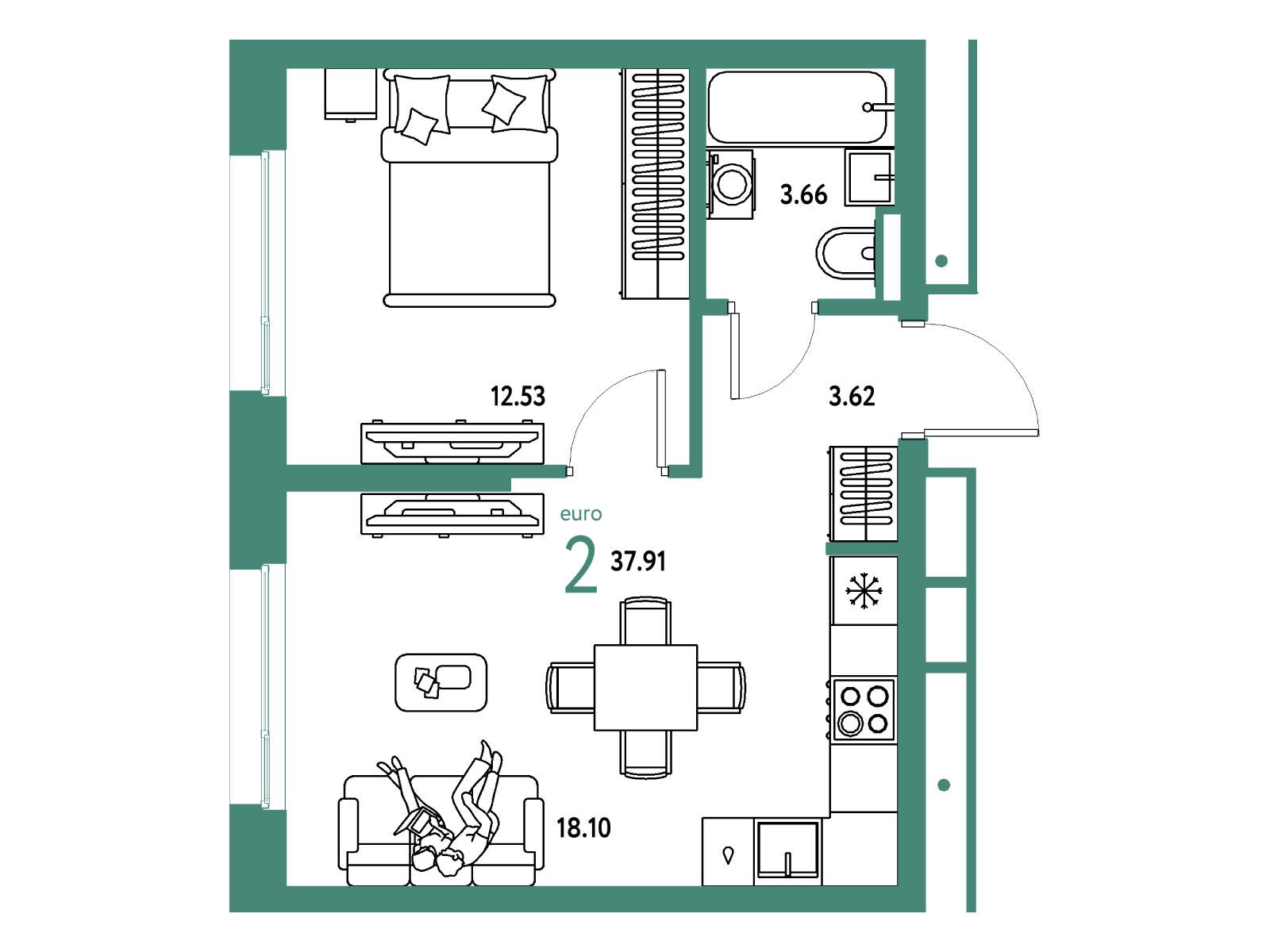 Планировка: 2-комн. квартира 37.91 м² в новостройке Страна Парковая