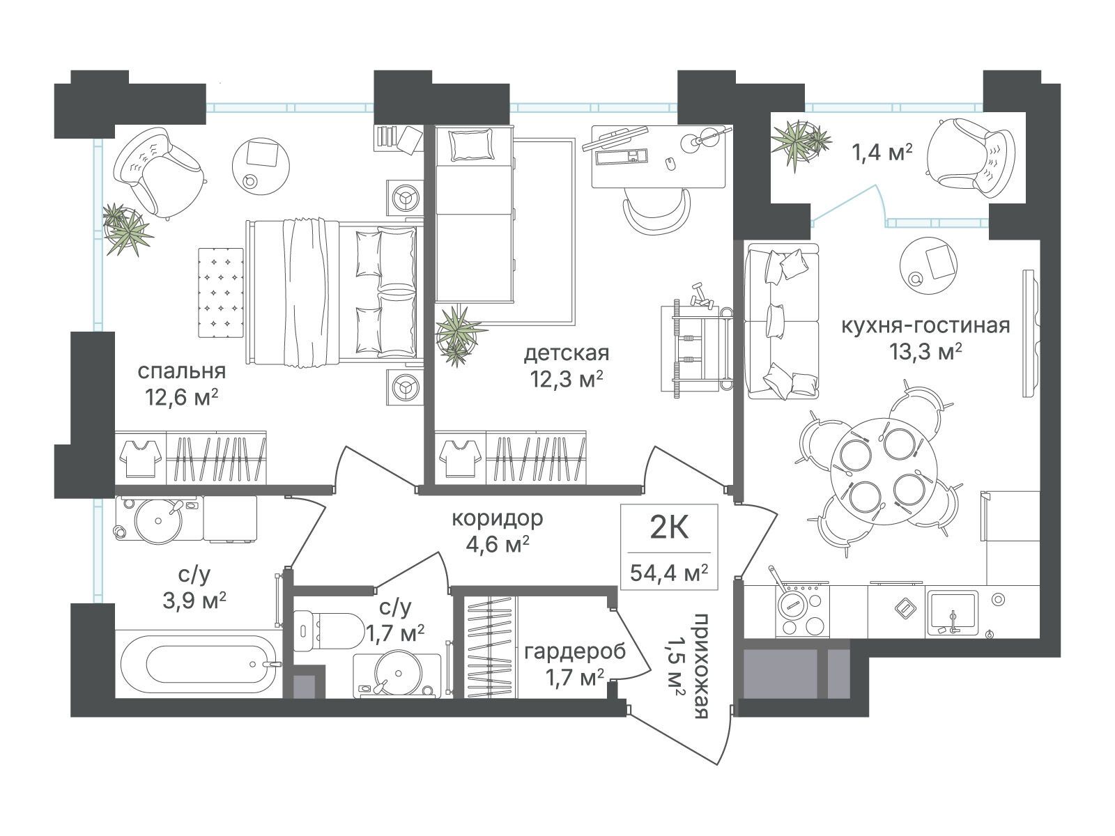 Планировка: 2-комн. квартира 53.00 м² в новостройке ЖК Михалковский