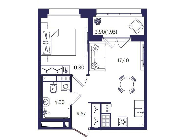 Планировка: 1-комн. квартира 39.02 м² в новостройке Ранта Резиденс