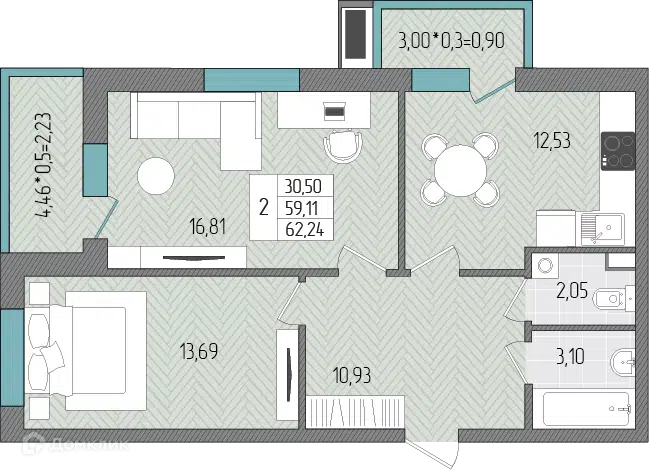 Планировка: 2-комн. квартира 62.24 м² в новостройке Сады у моря