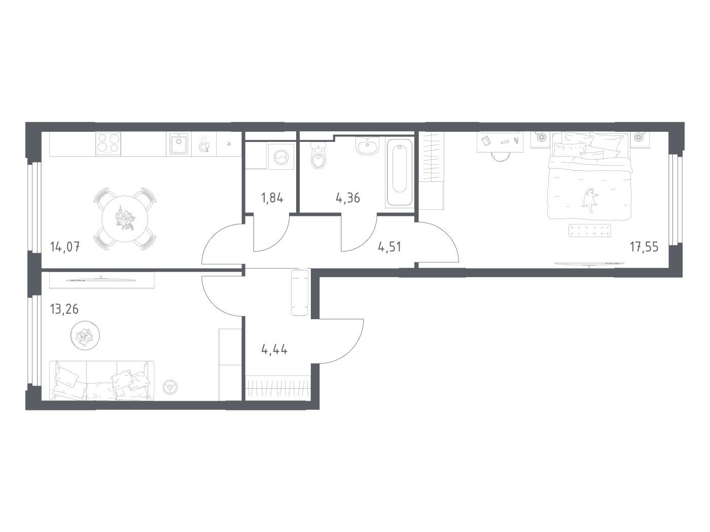 Планировка: 2-комн. квартира 60.03 м² в новостройке Космический квартал