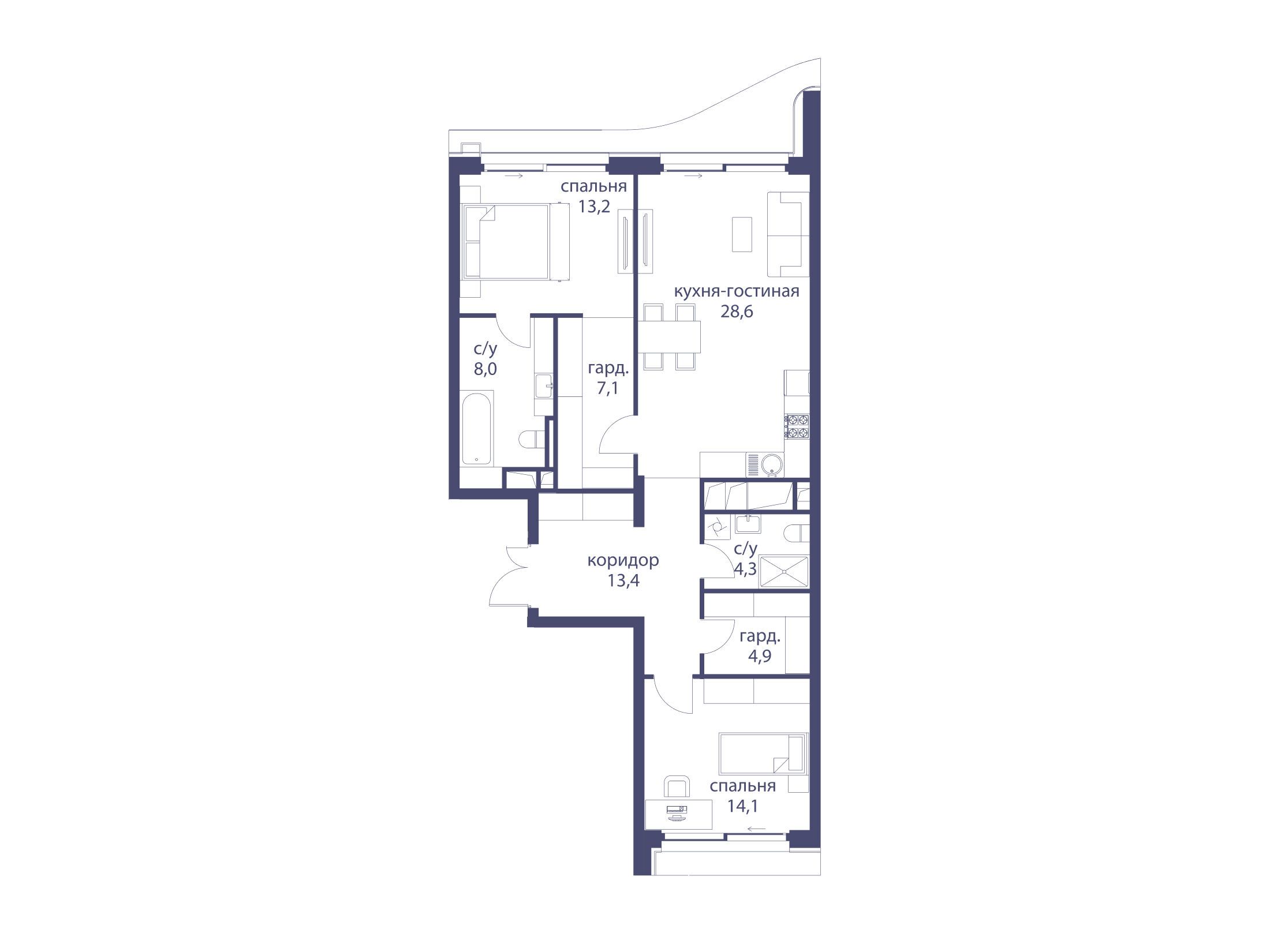 Планировка: 2-комн. квартира 93.60 м² в новостройке Река
