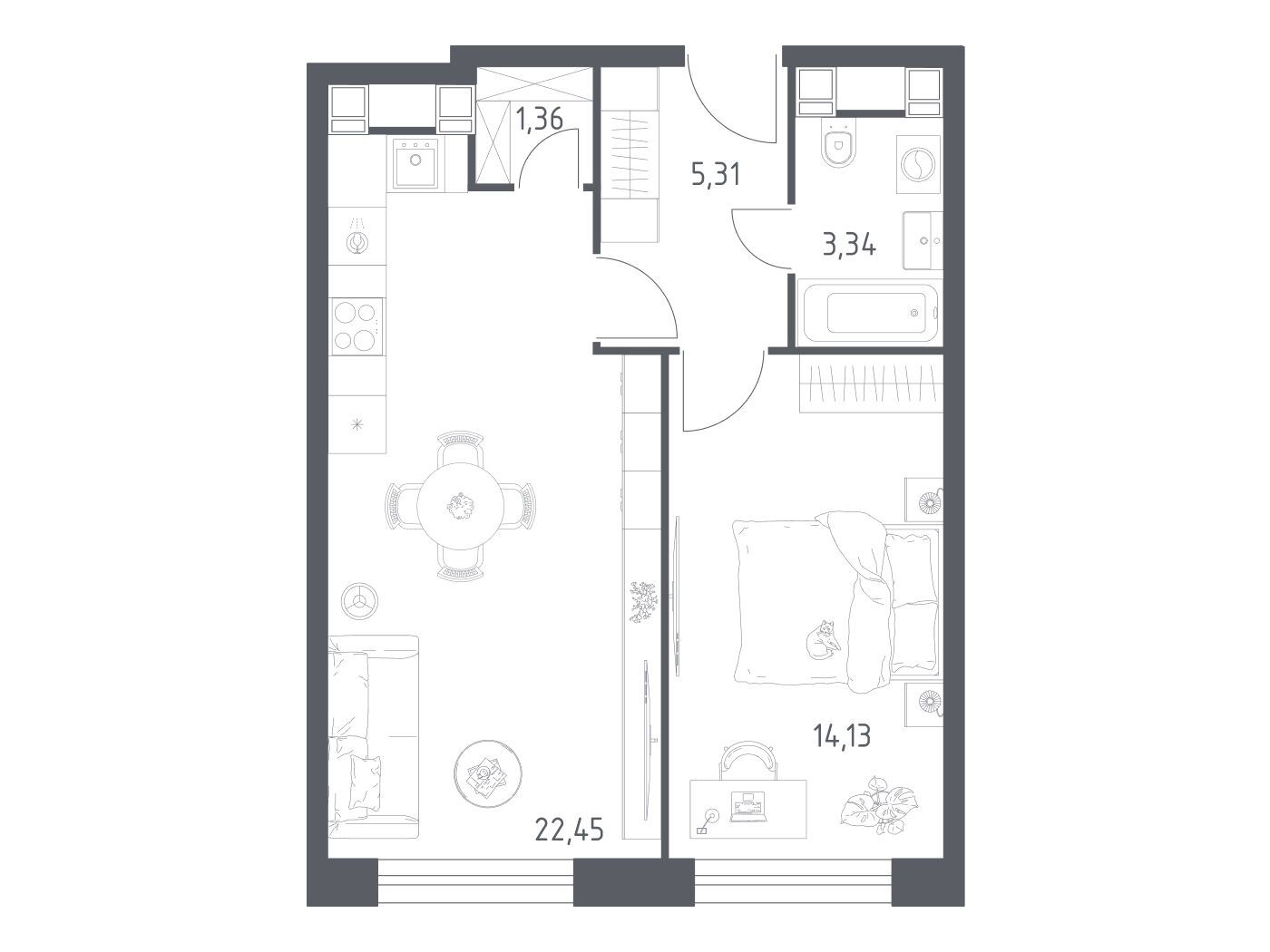 Планировка: 1-комн. квартира 46.59 м² в новостройке Пятницкое 58