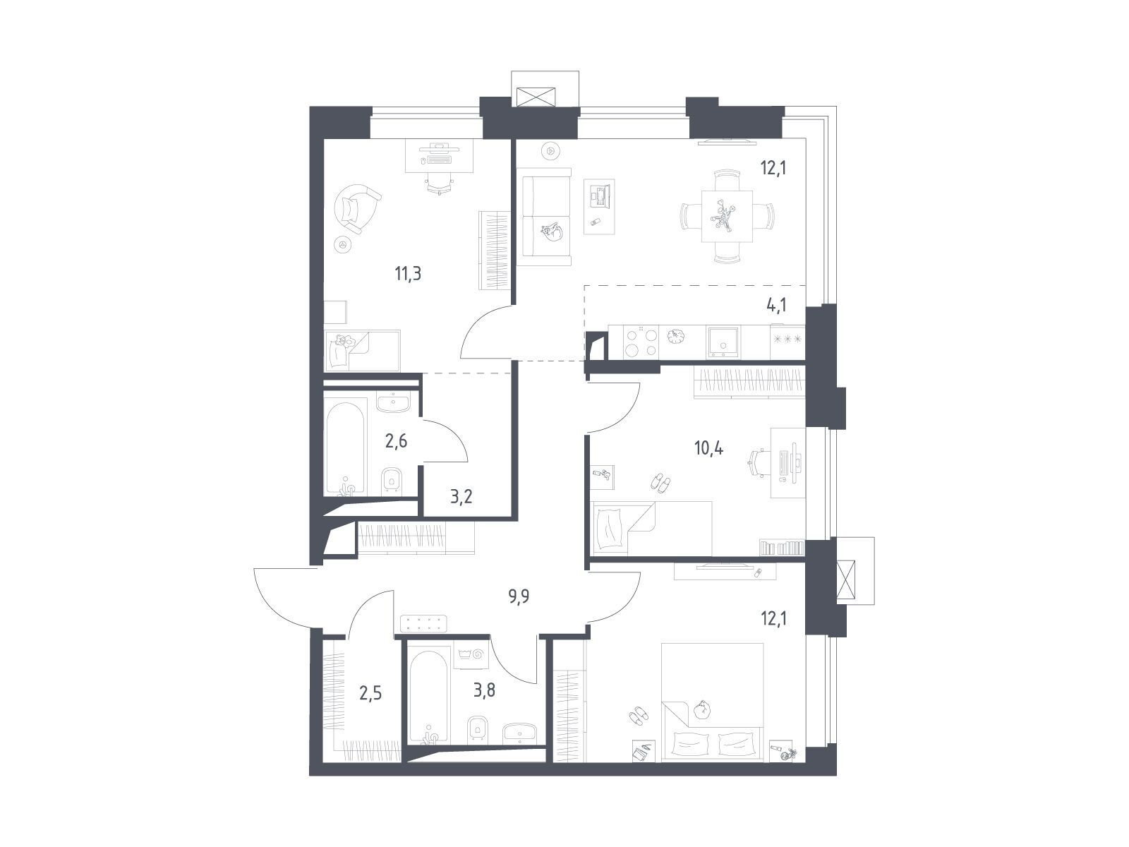 Планировка: 3-комн. квартира 71.87 м² в новостройке Верейская 41