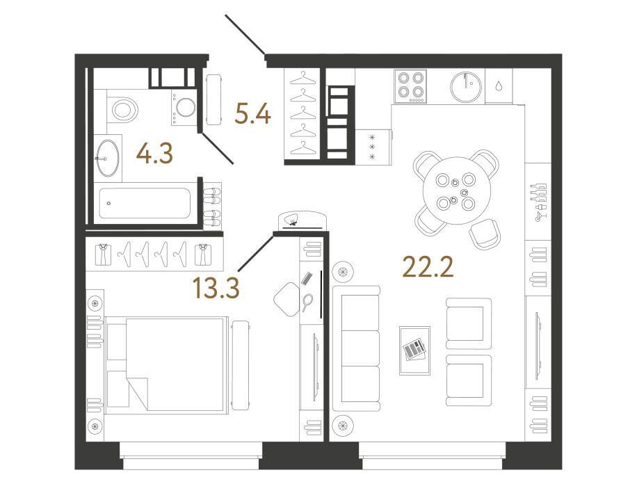 Планировка: 1-комн. квартира 45.60 м² в новостройке Куинджи