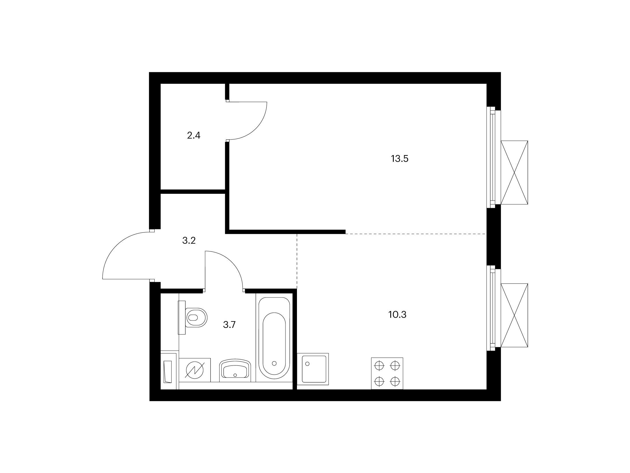 Планировка: 1-комн. квартира 33.10 м² в новостройке Первый Дубровский