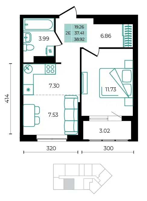 Планировка: 2-комн. квартира 38.92 м² в новостройке ЖК Курортный Регион