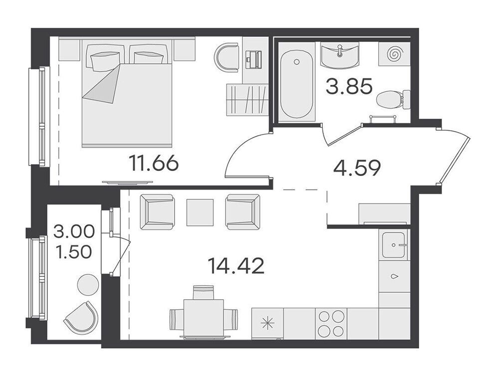 Планировка: 1-комн. квартира 35.90 м² в новостройке Глоракс Парголово