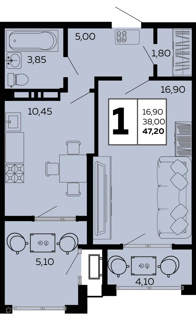 Планировка: 1-комн. квартира 47.20 м² в новостройке Мост