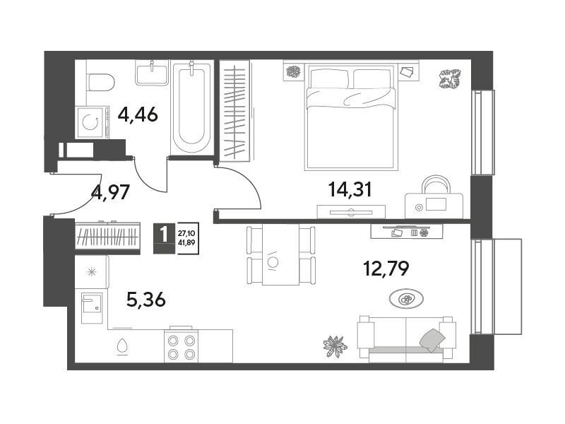 Планировка: 1-комн. квартира 41.89 м² в новостройке Публицист