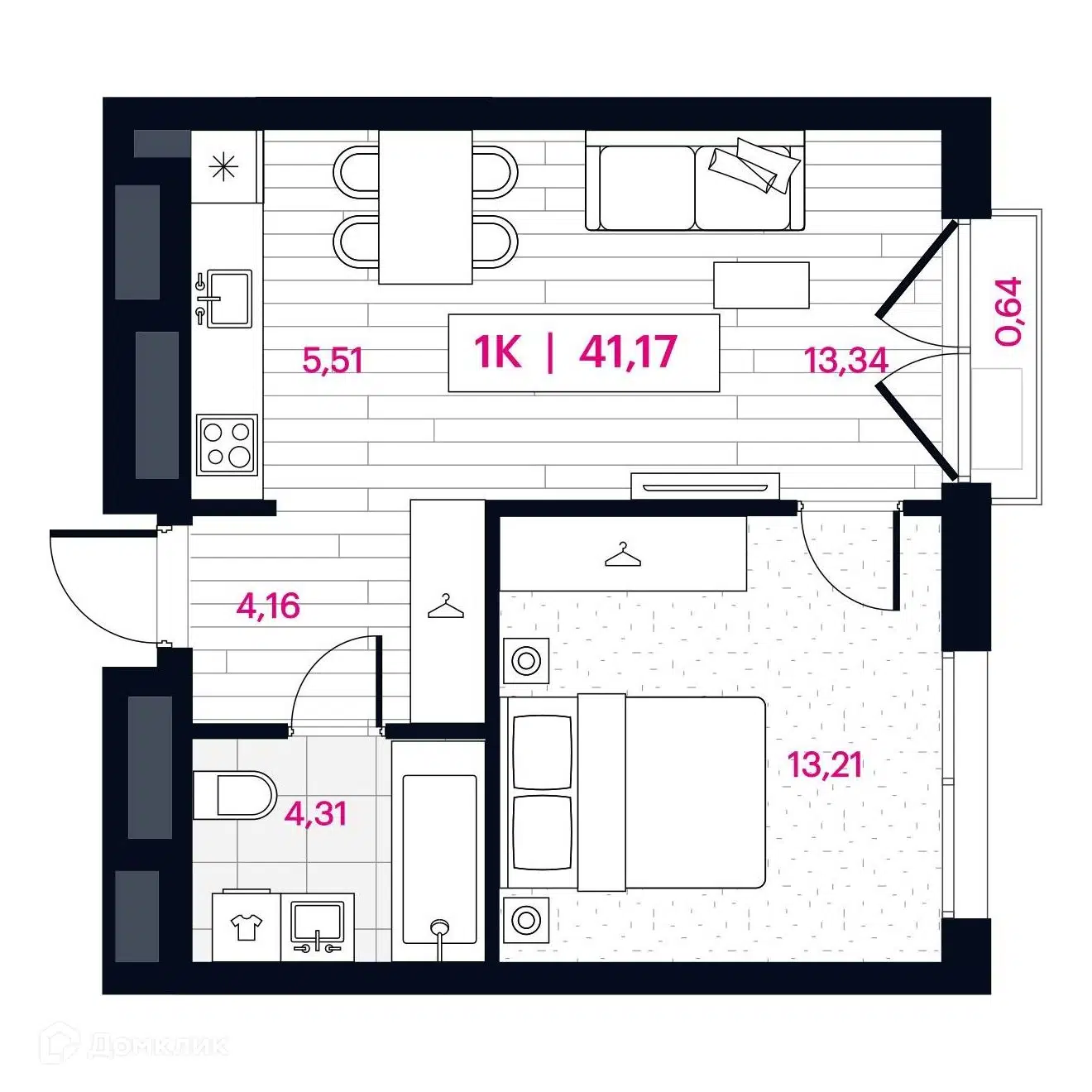 Планировка: 1-комн. квартира 41.17 м² в новостройке Пушкина