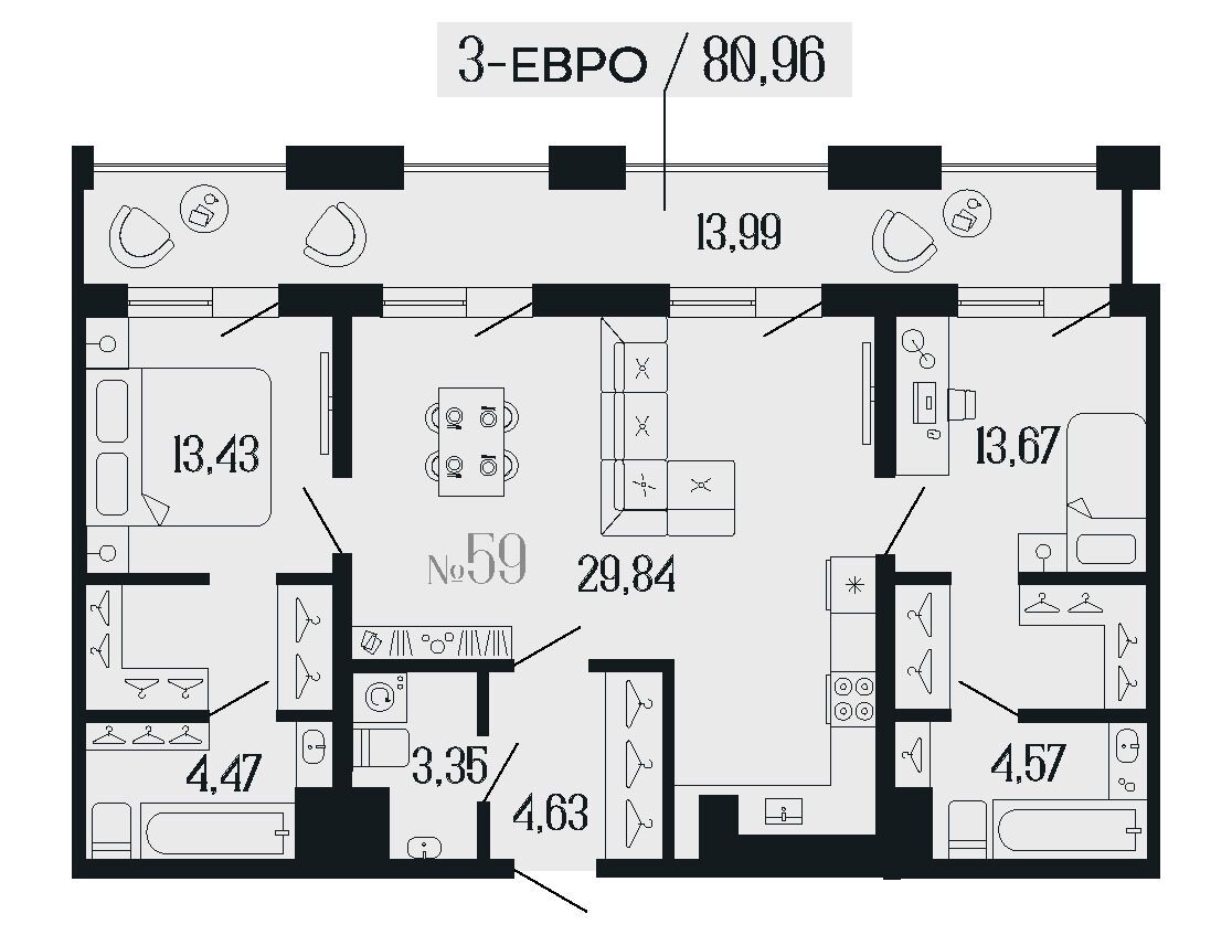 Планировка: 2-комн. квартира 81.51 м² в новостройке Дом 1919