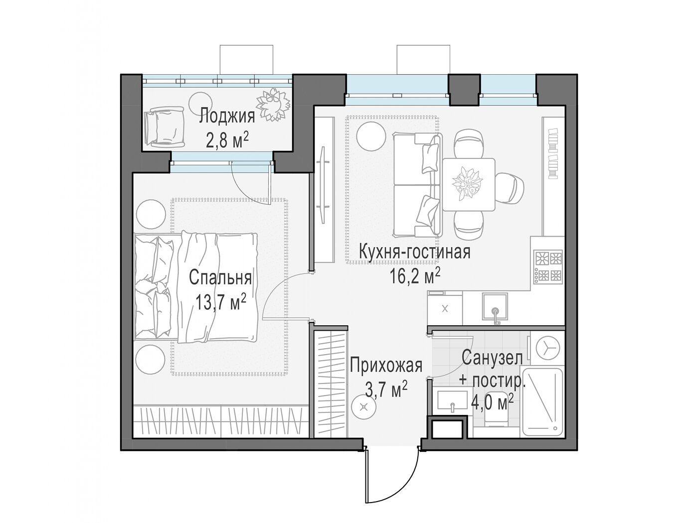 Планировка: 1-комн. квартира 37.40 м² в новостройке ЖК Новое Пушкино