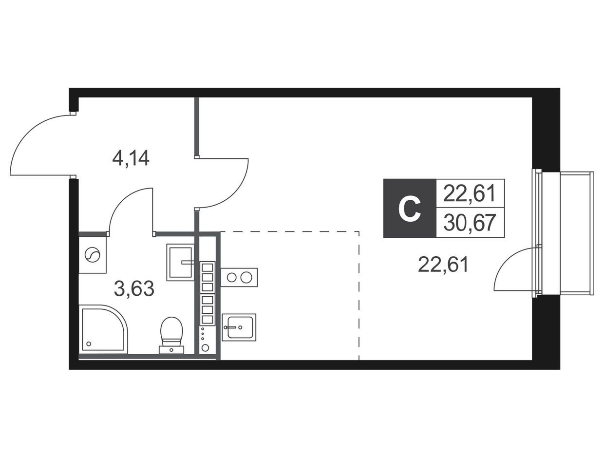Планировка: Студия 30.67 м² в новостройке Слобода