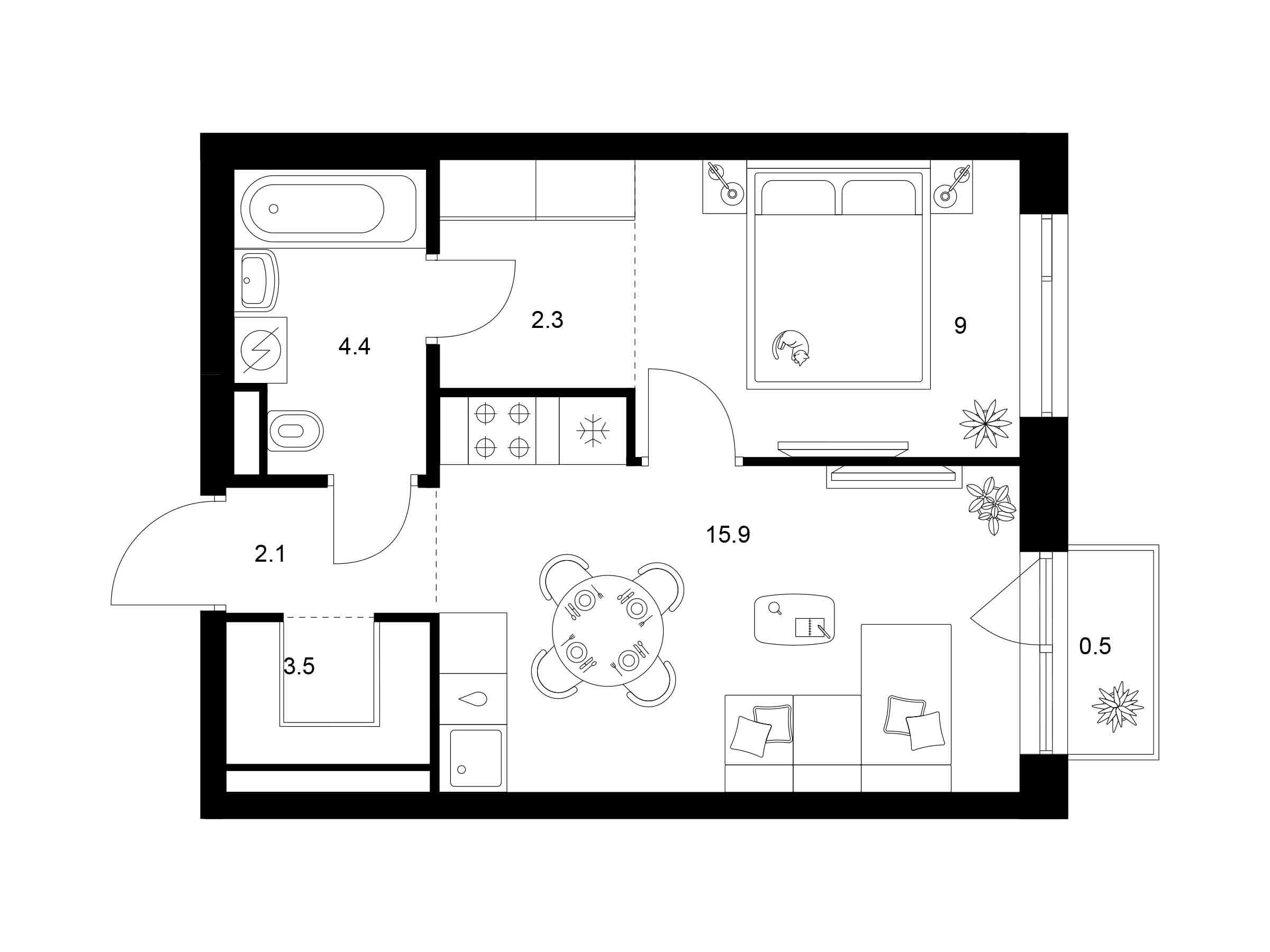Планировка: 1-комн. квартира 37.70 м² в новостройке Лосиноостровский парк
