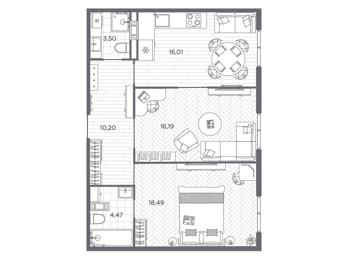 Планировка: 2-комн. квартира 68.50 м² в новостройке Бакунина 33