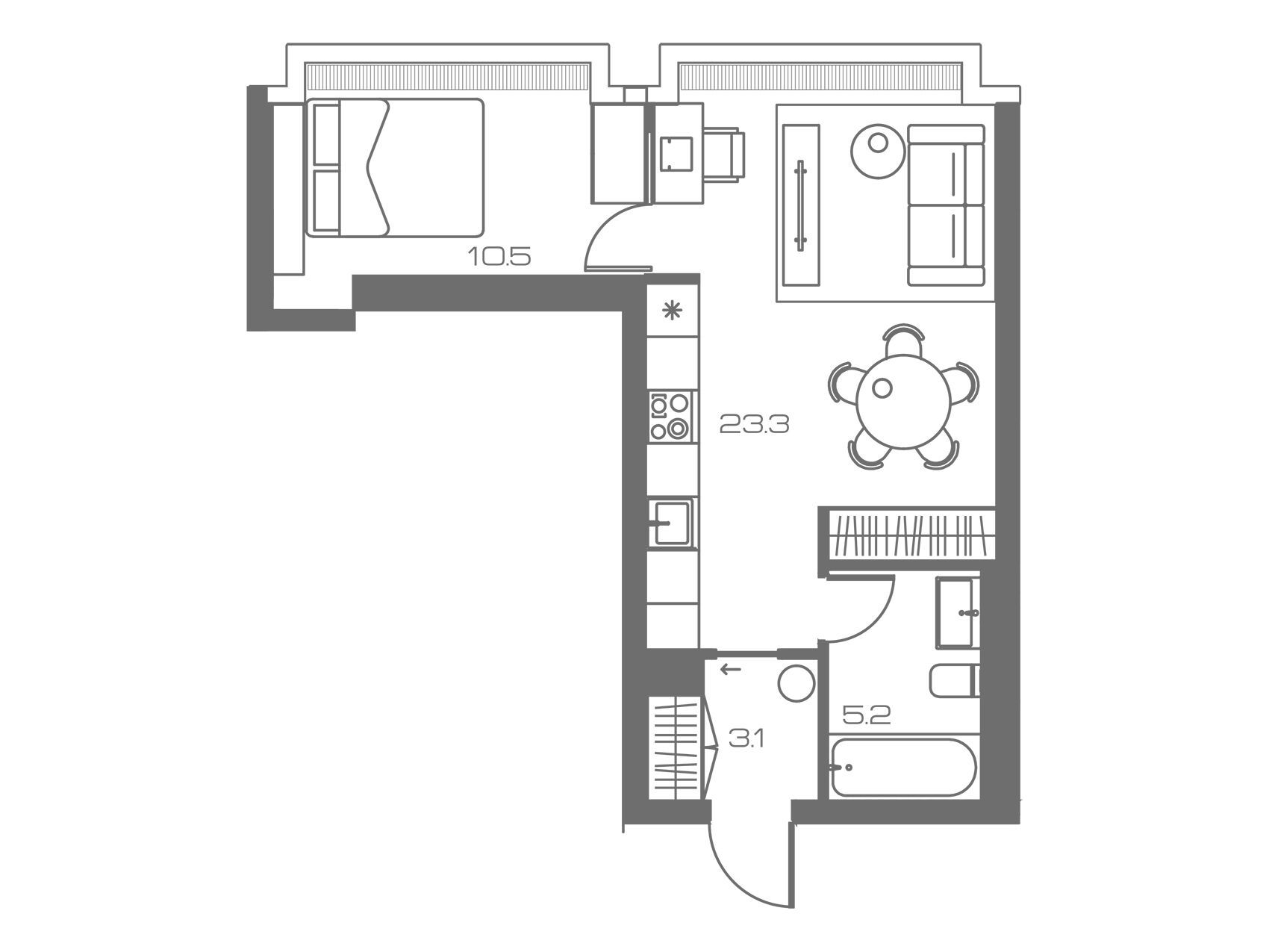 Планировка: 1-комн. квартира 42.10 м² в новостройке Лунар