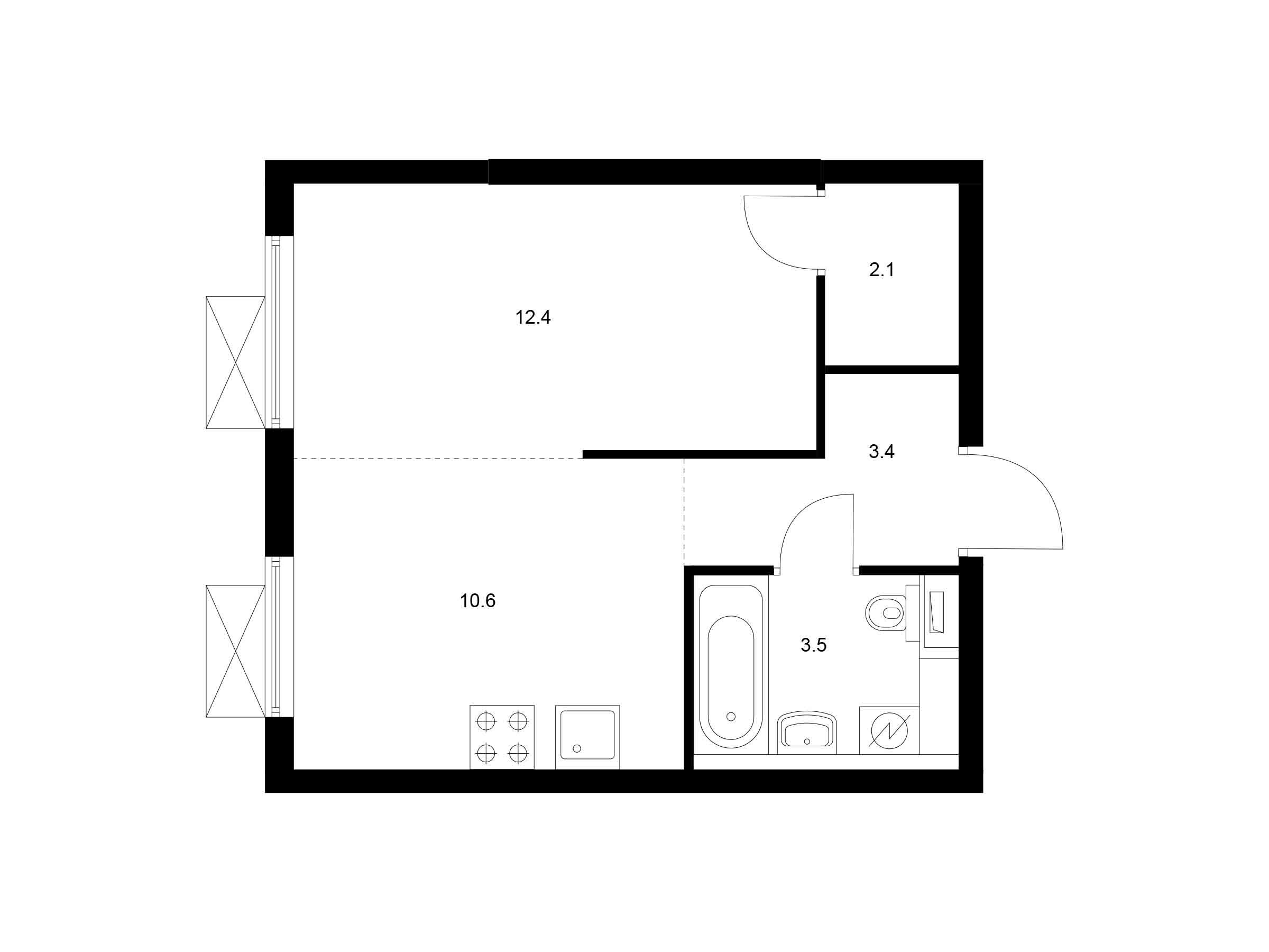 Планировка: 1-комн. квартира 32.00 м² в новостройке Кузьминский лес