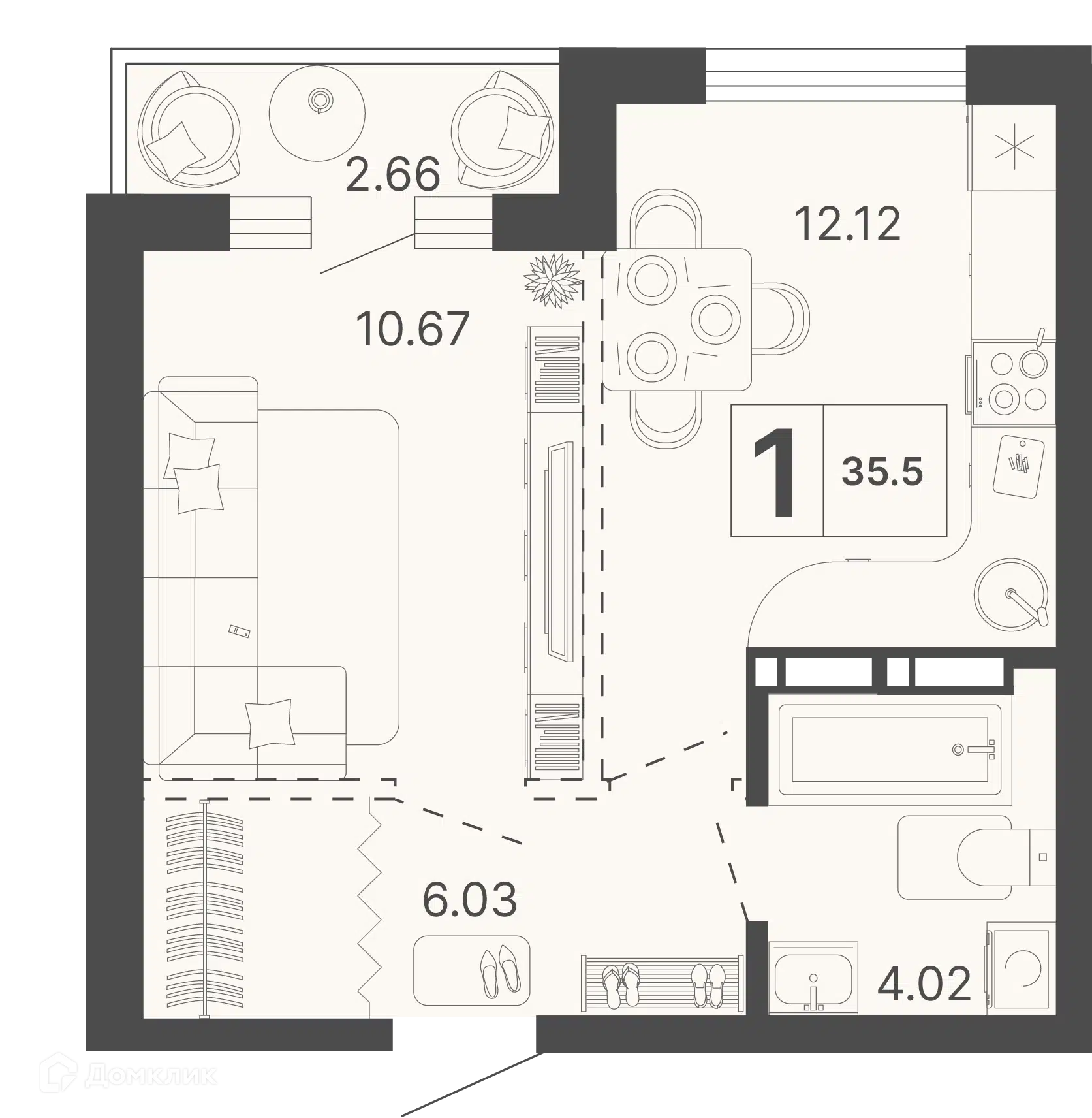 Планировка: 1-комн. квартира 35.50 м² в новостройке Светский лес