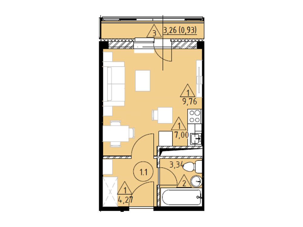Планировка: Студия 25.35 м² в новостройке Горки Марусино